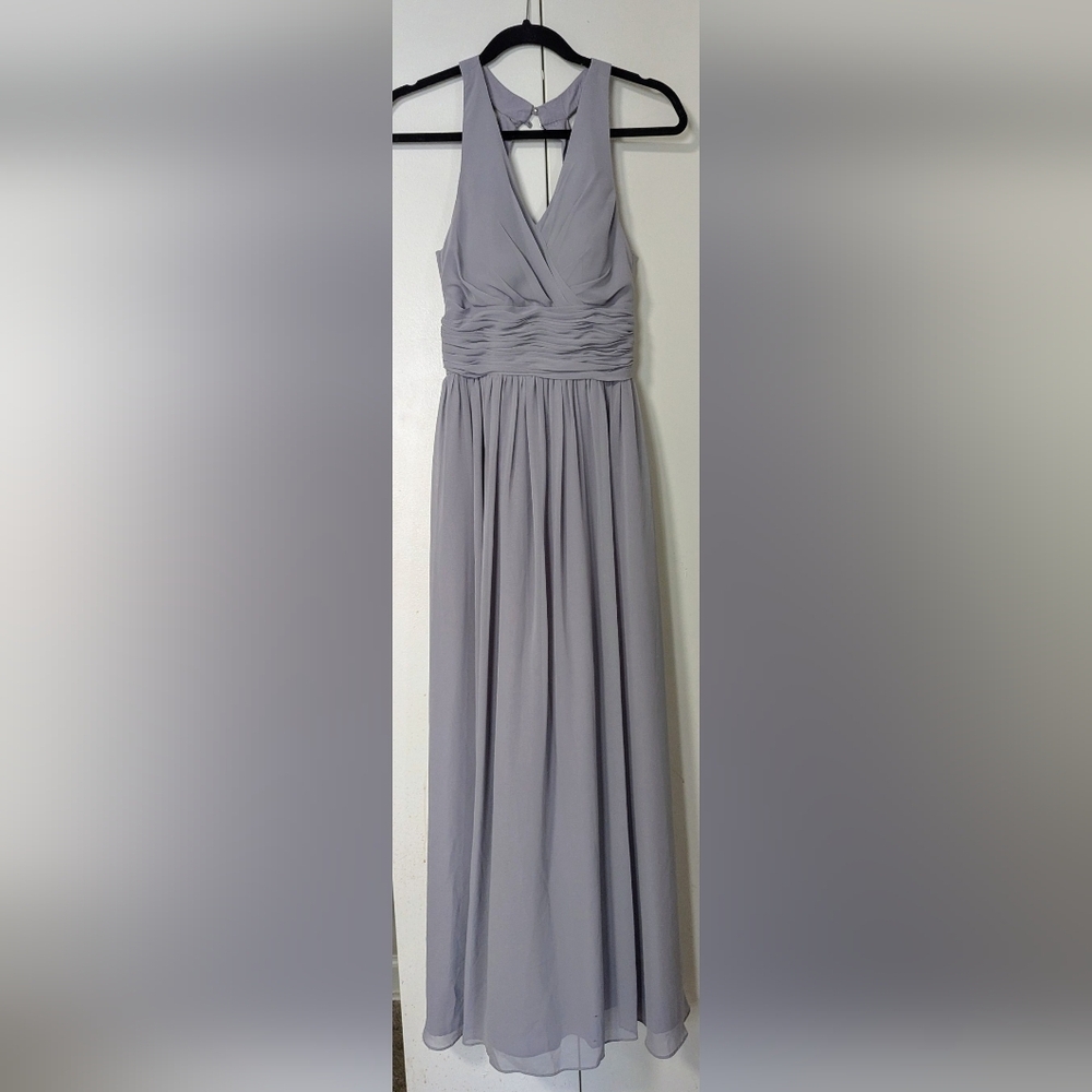 Azazie Dusty Blue Bridesmaid Dress Size A0 A-Line Pleated Chiffon Formal Gown